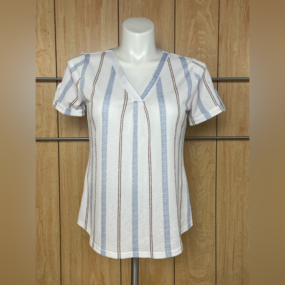 White and Blue Short Sleeve Fitted Blouse SZ - PL